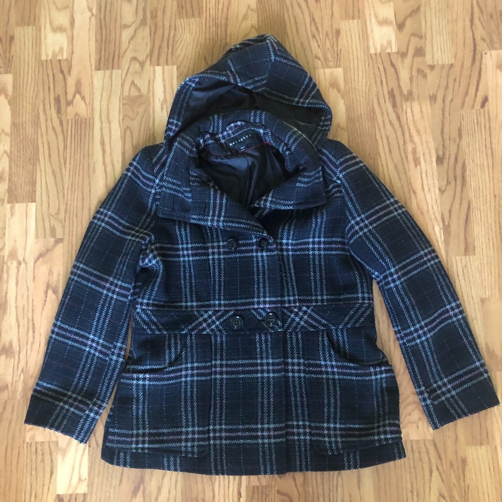 Black plaid hooded wool pea coat by metaphor